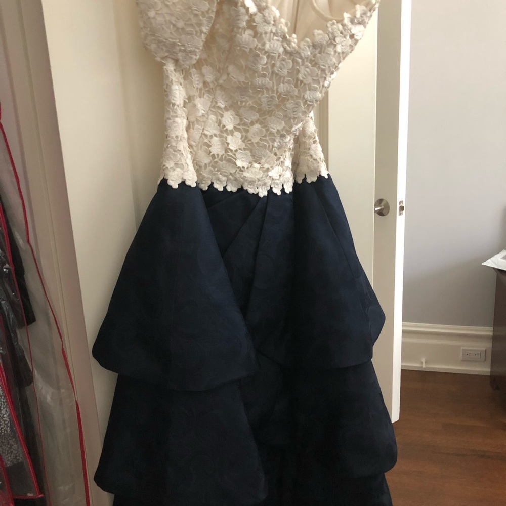 Arnold Scassi white lace and navy blue gown